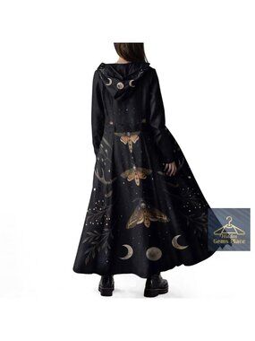 Women Long Fleece Trench Coat Gothic Open Front Belted Peacoat Hood